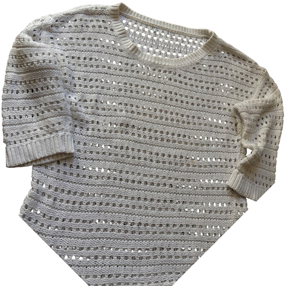 Old Navy Sweater Womens Large White Cotton Blend 3/4 Sleeve Open Knit Pointelle